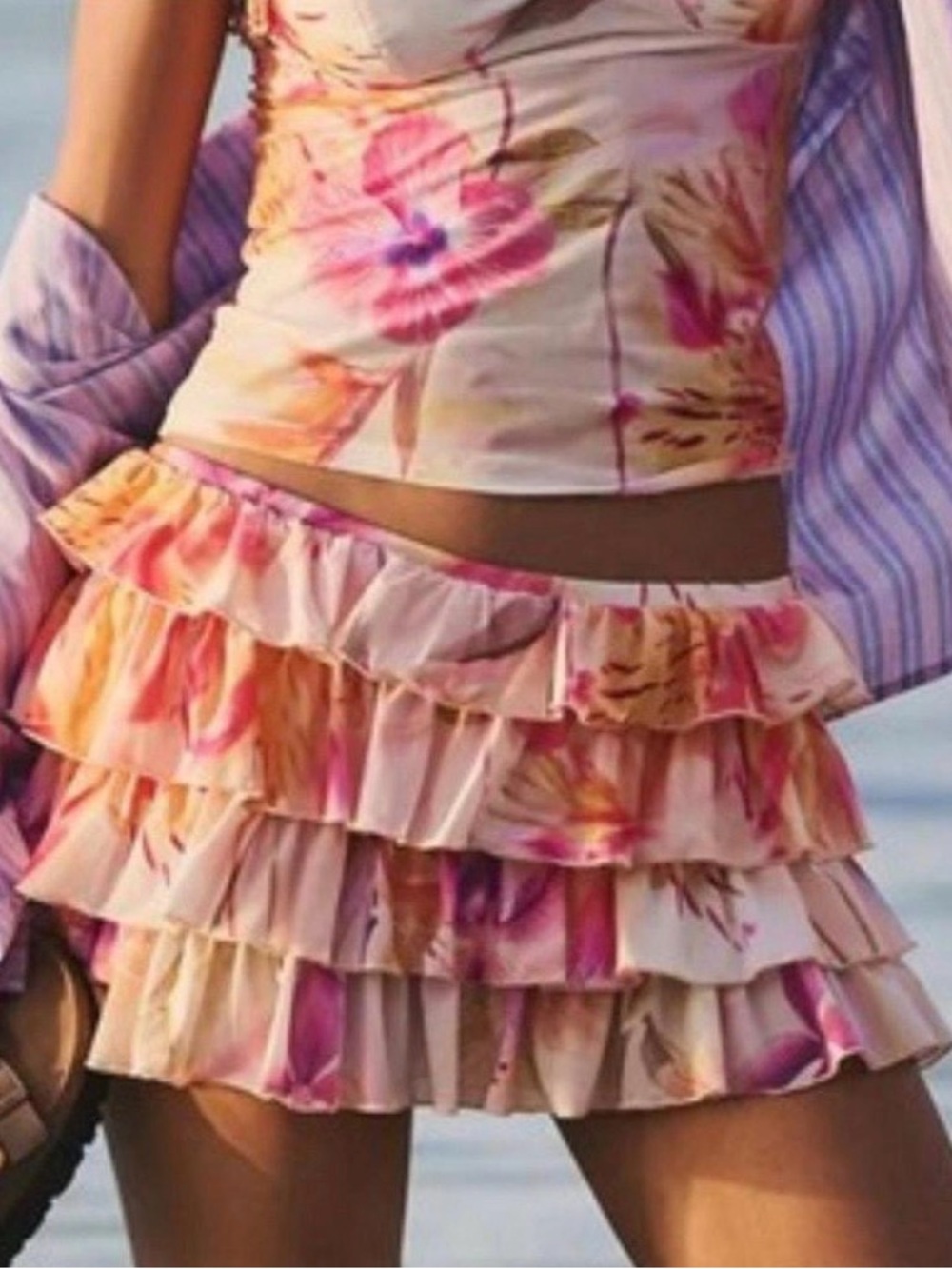 Urban Outfitters Pink Floral Ruffle Tiered Mini Skirt